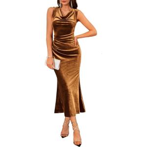 GRACE KARIN 2025 Velvet Wedding Guest Dresses for Women, Winter Formal Cocktail Maxi Dress, Cowl Neck Mermaid Evening Gown(Gold Brown)