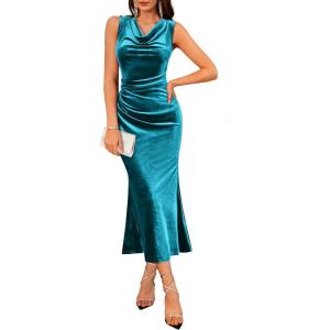 GRACE KARIN 2025 Velvet Wedding Guest Dresses for Women, Winter Formal Cocktail Maxi Dress, Cowl Neck Mermaid Evening Gown(Gray Blue)