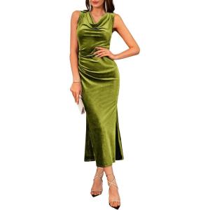 GRACE KARIN 2025 Velvet Wedding Guest Dresses for Women, Winter Formal Cocktail Maxi Dress, Cowl Neck Mermaid Evening Gown(Olive Green)