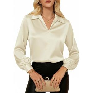 GRACE KARIN Business Casual Tops for Women Satin Silk Blouse Collared V Neck Long Sleeve Work Shirts Dressy Tops Fall Clothes(Apricot)