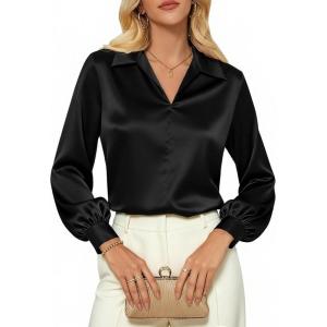 GRACE KARIN Business Casual Tops for Women Satin Silk Blouse Collared V Neck Long Sleeve Work Shirts Dressy Tops Fall Clothes(Black)