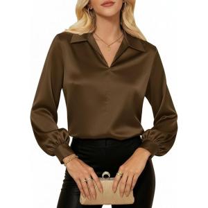 GRACE KARIN Business Casual Tops for Women Satin Silk Blouse Collared V Neck Long Sleeve Work Shirts Dressy Tops Fall Clothes(Brown)