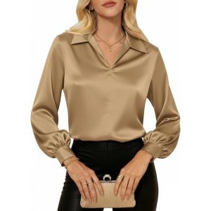 GRACE KARIN Business Casual Tops for Women Satin Silk Blouse Collared V Neck Long Sleeve Work Shirts Dressy Tops Fall Clothes(Camel)