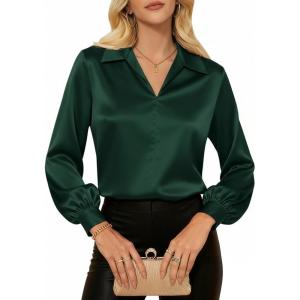 GRACE KARIN Business Casual Tops for Women Satin Silk Blouse Collared V Neck Long Sleeve Work Shirts Dressy Tops Fall Clothes(Dark Green)
