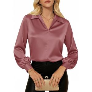 GRACE KARIN Business Casual Tops for Women Satin Silk Blouse Collared V Neck Long Sleeve Work Shirts Dressy Tops Fall Clothes(Drak Pink)