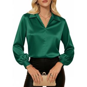 GRACE KARIN Business Casual Tops for Women Satin Silk Blouse Collared V Neck Long Sleeve Work Shirts Dressy Tops Fall Clothes(Green)