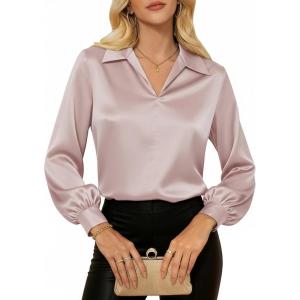 GRACE KARIN Business Casual Tops for Women Satin Silk Blouse Collared V Neck Long Sleeve Work Shirts Dressy Tops Fall Clothes(Pink)