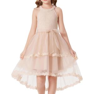 GRACE KARIN Flower Girl Dress Kids Wedding Guest Birthday Party Formal Lace Tulle Princess High Low Dresses 5-10Y(Apricot)