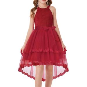 GRACE KARIN Flower Girl Dress Kids Wedding Guest Birthday Party Formal Lace Tulle Princess High Low Dresses 5-10Y(Wine Red)