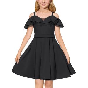 GRACE KARIN Girls Elegant Party Dress Cold Shoulder Ruffled Neckline High Waist A-Line Dress for Girls 7-14 Years(Black)