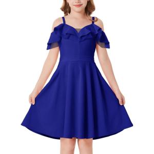 GRACE KARIN Girls Elegant Party Dress Cold Shoulder Ruffled Neckline High Waist A-Line Dress for Girls 7-14 Years(Blue)