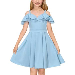 GRACE KARIN Girls Elegant Party Dress Cold Shoulder Ruffled Neckline High Waist A-Line Dress for Girls 7-14 Years(Light Blue)