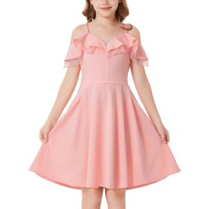 GRACE KARIN Girls Elegant Party Dress Cold Shoulder Ruffled Neckline High Waist A-Line Dress for Girls 7-14 Years(Pink)