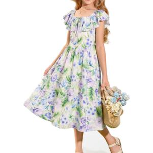 GRACE KARIN Girls Floral Dress Summer Midi Dress Off Shoulder Ruffle Spring Long Dresses for Teens(Green Flower)