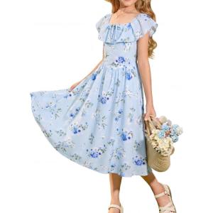 GRACE KARIN Girls Floral Dress Summer Midi Dress Off Shoulder Ruffle Spring Long Dresses for Teens(Light Blue Flower)