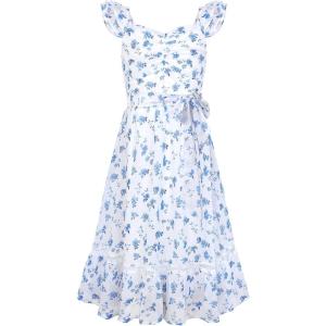 GRACE KARIN Girls Floral Spring Summer Dresses 7-14 Easter Flower Girl Maxi Dress Party, Flutter Sleeve Holiday Sundress(Blue Flower)