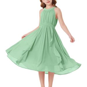 GRACE KARIN Girls Halter Neck Dress Midi Party Casual Chiffon Weeding Sundress Swing Pleated Dresses for Girl 6-14(Green)