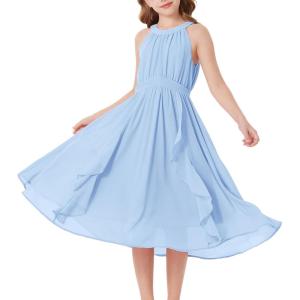 GRACE KARIN Girls Halter Neck Dress Midi Party Casual Chiffon Weeding Sundress Swing Pleated Dresses for Girl 6-14(Light Blue)