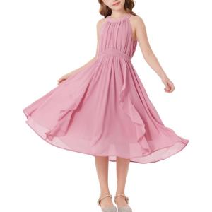 GRACE KARIN Girls Halter Neck Dress Midi Party Casual Chiffon Weeding Sundress Swing Pleated Dresses for Girl 6-14(Light Pink)