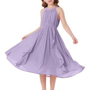 GRACE KARIN Girls Halter Neck Dress Midi Party Casual Chiffon Weeding Sundress Swing Pleated Dresses for Girl 6-14(Purple)