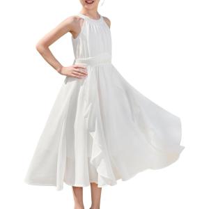 GRACE KARIN Girls Halter Neck Dress Midi Party Casual Chiffon Weeding Sundress Swing Pleated Dresses for Girl 6-14(White)