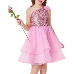 GRACE KARIN Girls Party Sequin Formal Dress 7-14Y Birthday Dance Graduation Sparkly Pageant Dresses Wedding Flower Girl Dress(Pink)