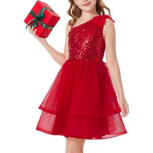 GRACE KARIN Girls Party Sequin Formal Dress 7-14Y Birthday Dance Graduation Sparkly Pageant Dresses Wedding Flower Girl Dress(Red)
