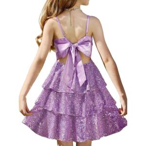GRACE KARIN Girls Sequin Formal Dresses Kids Party Special Occasion Fancy Dress Tie Back 3 Layer Prom Graduation Outfits(Dreamy Purple)