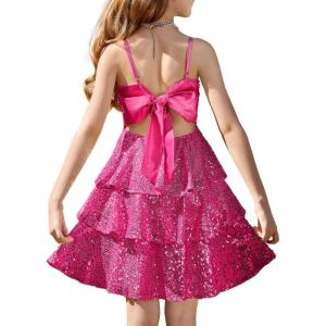GRACE KARIN Girls Sequin Formal Dresses Kids Party Special Occasion Fancy Dress Tie Back 3 Layer Prom Graduation Outfits(Hot Pink)