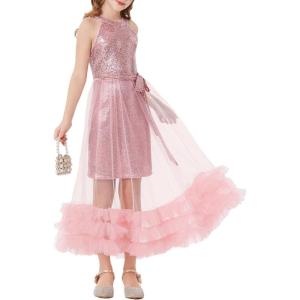 GRACE KARIN Girls Sequin Party Dress Formal Sparkly Pageant Tulle Maxi Teen Prom Halter Dresses for 7-14 Years(Pink)