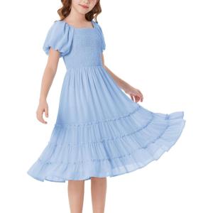 GRACE KARIN Girls Short Sleeve Smocked Summer Ruffle Dresses 7-14Y Teen Square Neck Casual Party Midii Maxi Dress(Light Blue)