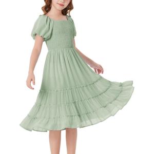 GRACE KARIN Girls Short Sleeve Smocked Summer Ruffle Dresses 7-14Y Teen Square Neck Casual Party Midii Maxi Dress(Light Green)