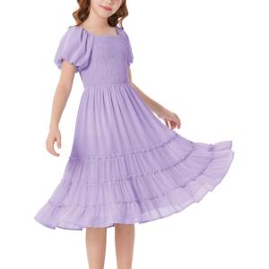 GRACE KARIN Girls Short Sleeve Smocked Summer Ruffle Dresses 7-14Y Teen Square Neck Casual Party Midii Maxi Dress(Purple)