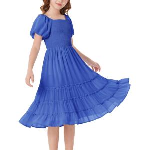 GRACE KARIN Girls Short Sleeve Smocked Summer Ruffle Dresses 7-14Y Teen Square Neck Casual Party Midii Maxi Dress(Royal Blue)