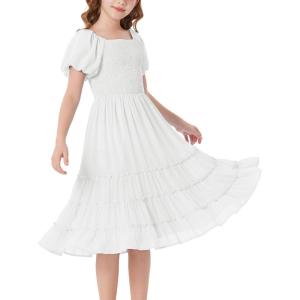 GRACE KARIN Girls Short Sleeve Smocked Summer Ruffle Dresses 7-14Y Teen Square Neck Casual Party Midii Maxi Dress(White)