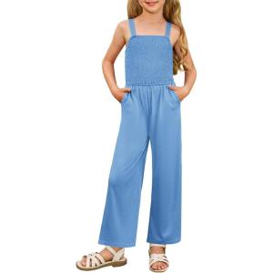 GRACE KARIN Girls Solid Jumpsuit Girl Summer Romper Pants Kids Long Spring Rompers with Pockets(Blue)