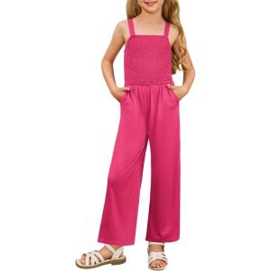 GRACE KARIN Girls Solid Jumpsuit Girl Summer Romper Pants Kids Long Spring Rompers with Pockets(Hot Pink)