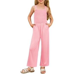 GRACE KARIN Girls Solid Jumpsuit Girl Summer Romper Pants Kids Long Spring Rompers with Pockets(Pink)