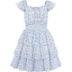 GRACE KARIN Girls Spring Summer Floral Dress Teen Ruffle Smocked 3 Layerr Dresses Kids Cute Boho Easter Clothes Size 7-14(Blue Floral)