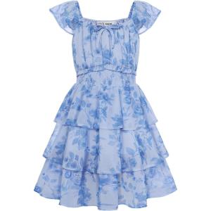 GRACE KARIN Girls Spring Summer Floral Dress Teen Ruffle Smocked 3 Layerr Dresses Kids Cute Boho Easter Clothes Size 7-14(Dark Blue Floral)