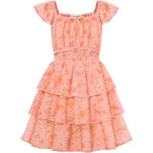 GRACE KARIN Girls Spring Summer Floral Dress Teen Ruffle Smocked 3 Layerr Dresses Kids Cute Boho Easter Clothes Size 7-14(Orange Floral)