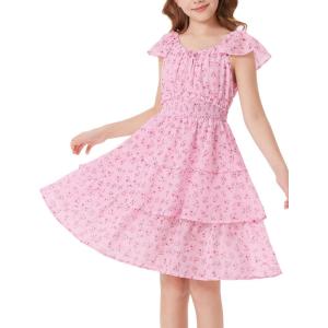 GRACE KARIN Girls Spring Summer Floral Dress Teen Ruffle Smocked 3 Layerr Dresses Kids Cute Boho Easter Clothes Size 7-14(Pink Floral)