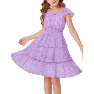 GRACE KARIN Girls Spring Summer Floral Dress Teen Ruffle Smocked 3 Layerr Dresses Kids Cute Boho Easter Clothes Size 7-14(Purple Floral)