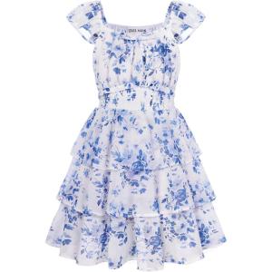 GRACE KARIN Girls Spring Summer Floral Dress Teen Ruffle Smocked 3 Layerr Dresses Kids Cute Boho Easter Clothes Size 7-14(Unique Blue Floral)