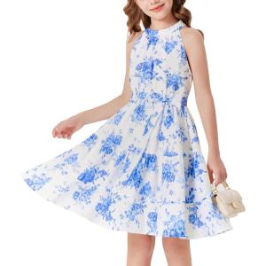 GRACE KARIN Girls Summer Beach Dress Floral Hawaiian Halter Chiffon Party Wedding Vacation Sundress 7-14Y(Blue Flower)