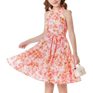 GRACE KARIN Girls Summer Beach Dress Floral Hawaiian Halter Chiffon Party Wedding Vacation Sundress 7-14Y(Bright Orange Floral)