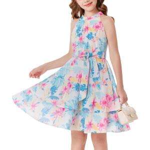 GRACE KARIN Girls Summer Beach Dress Floral Hawaiian Halter Chiffon Party Wedding Vacation Sundress 7-14Y(Leaf Green Pink Floral)
