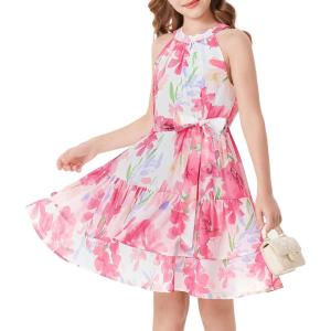 GRACE KARIN Girls Summer Beach Dress Floral Hawaiian Halter Chiffon Party Wedding Vacation Sundress 7-14Y(Pink Flower)