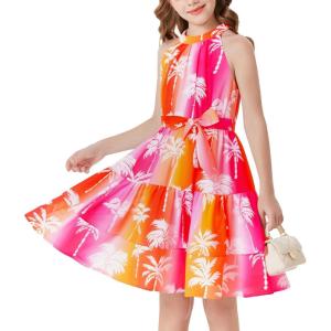 GRACE KARIN Girls Summer Beach Dress Floral Hawaiian Halter Chiffon Party Wedding Vacation Sundress 7-14Y(Rainbow Coconut Tree)