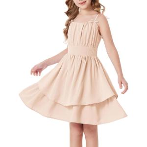 GRACE KARIN Girls Summer Cami Dress Casual Party Beach Spaghetti Strap Flowy Tiered Ruched Sundress 7-14Years(Apricot)